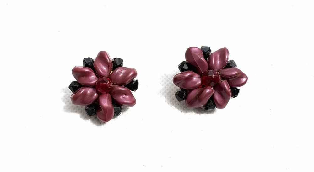 Vintage West Germany Pink Black Beaded Flower Clip On Earrings Mid Century Mcm